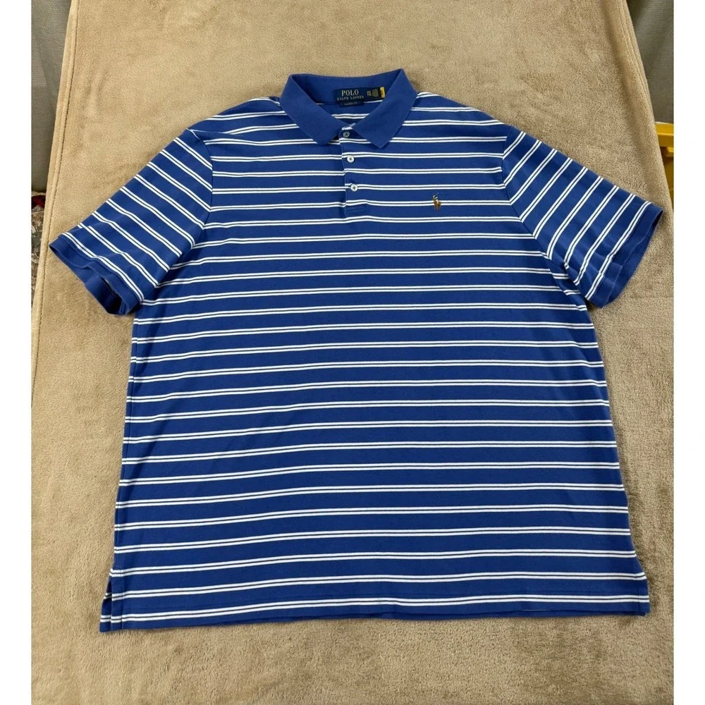 Polo Ralph Lauren Polo Shirt Mens 2XL Blue White Striped Classic Fit Cotton EUC